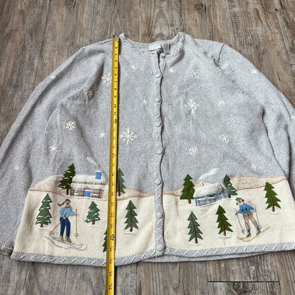 Vintage Ugly Christmas Sweater Cardigan Skiing Embroidered Knit Blue Granny XL - Picture 6 of 9